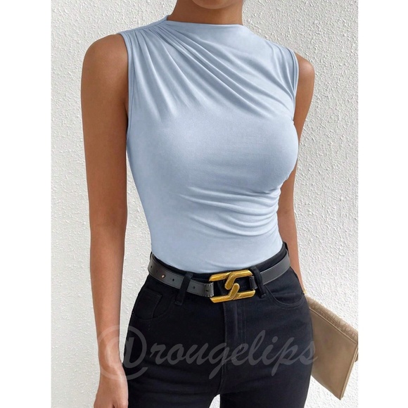 Ruched Light Blue Asymmetrical Sleeveless Shirt Top - Picture 3 of 9